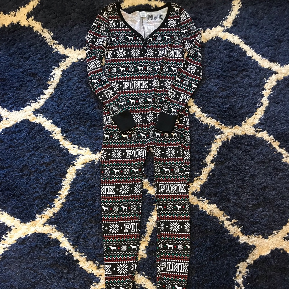 VS Pink Christmas button up onsie with “bum flap”